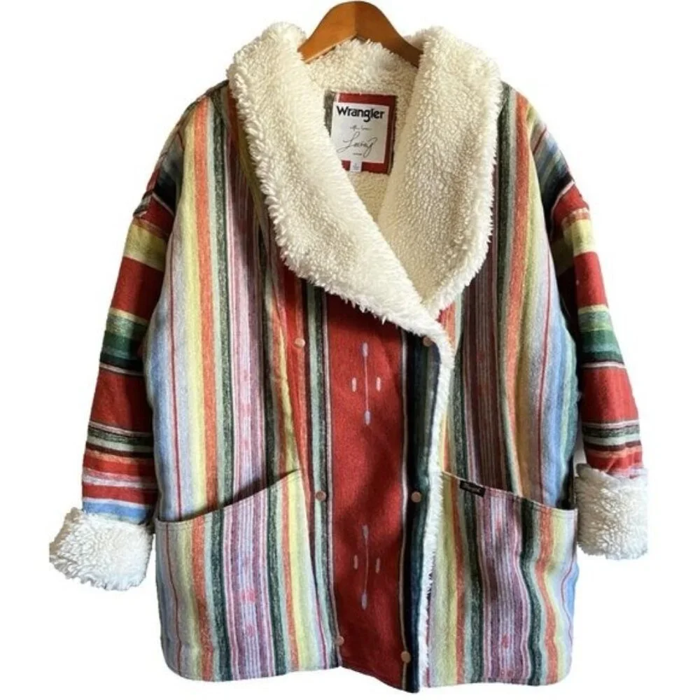 Wrangler + Lainey Wilson Sunburn Aztec Wool Coat Sz Large Rodeo Ben Faux Sherpa